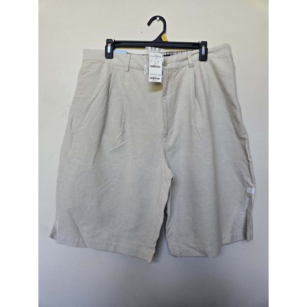 Vintage Y2k Structure Mens Pleated Front Baggy Khaki Shorts Linen Sz 36